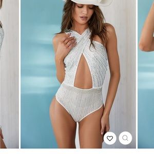12th Tribe White and Silver Cross-Neck Bodysuit